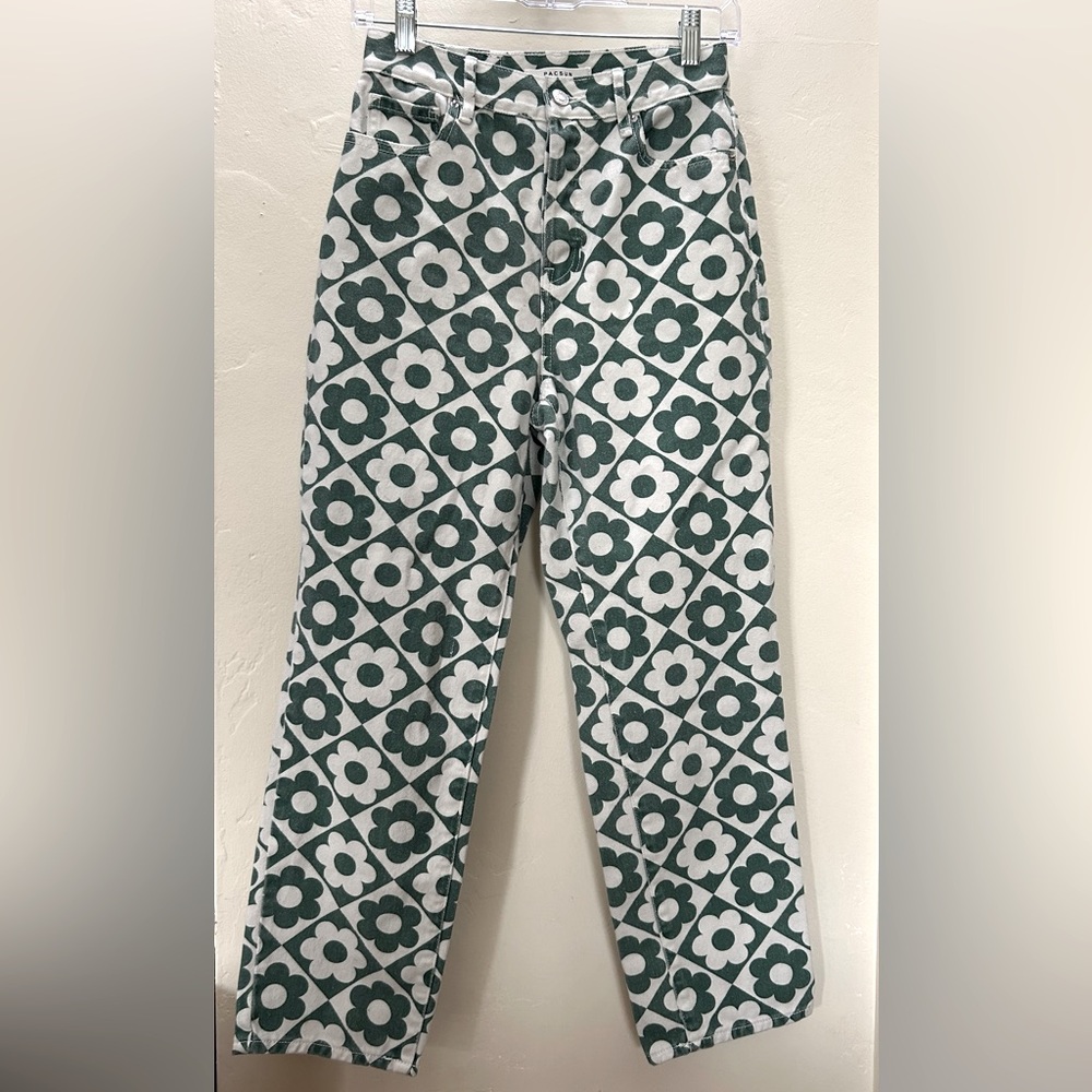 Pacsun High Rise Straight Jeans Green and White Retro Flower Print
